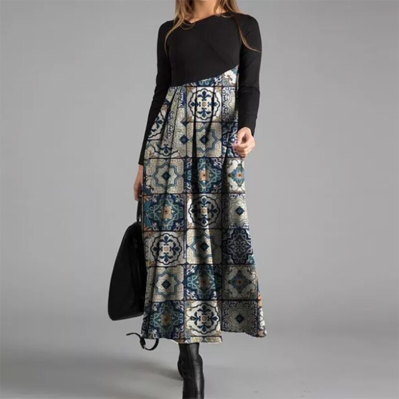 Hoobd Elegant Women Long Dress V-Neck A-Line Dress Spring Autumn Vintage Cotton Long Sleeves Party Dresses Lady Casual Loose Vestidos
