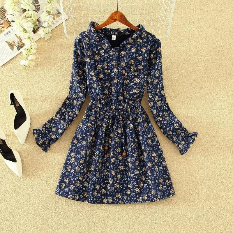 New Autumn Winter Women Dress Long Sleeve Sweet Shirt Dress Cotton Linen Velvet Thick Casual Vintage Dresses Vestidos