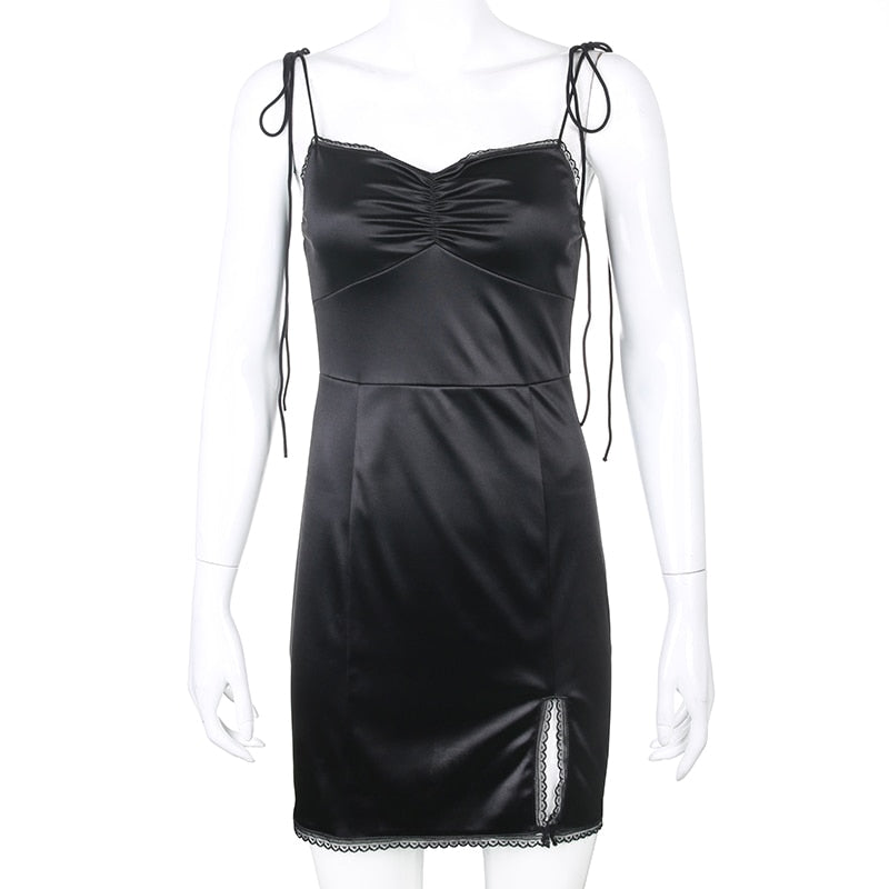 Strappy Satin Ruched Black Dress