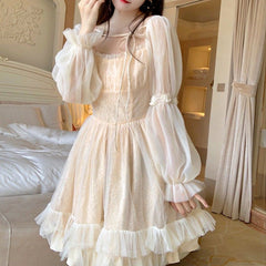 Hoobd Lolita Kawaii Dress Women Casual Long Sleeve Vintage Y2k Mini Dress Female Japanese Style One Piece Dress Korean Autumn