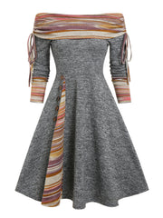 Hoobd Convertible Cinched Striped Flare Dress Foldover Off The Shoulder Knitted Dresses Women 2023 Long Sleeve Jurken