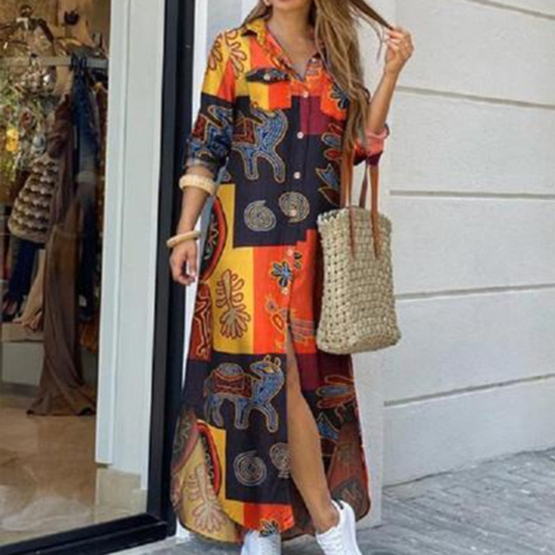 Hoobd Fashion Women Long Sleeve Shirt Dress Autumn  Printed OL Long Dresses Laides Turn-down Collar Loose Sundress Party Dresses