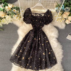 Hoobd New Summer Women Floral Print Mesh Dress Female Short Sleeve Holiday Beach Dress A-line Black Party Dresses Vestidos P776