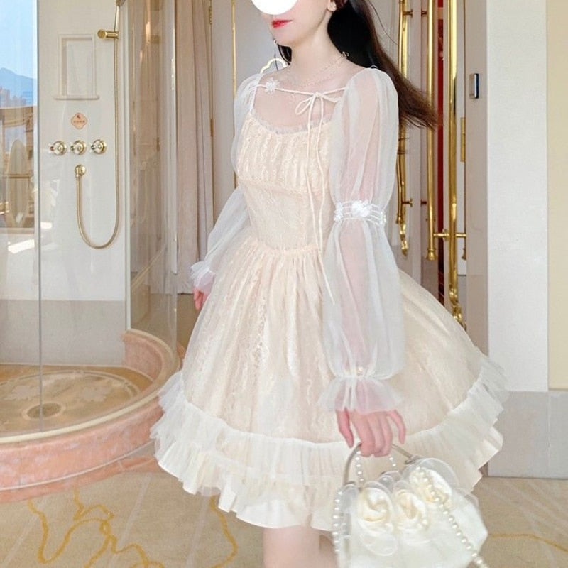 Hoobd Lolita Kawaii Dress Women Casual Long Sleeve Vintage Y2k Mini Dress Female Japanese Style One Piece Dress Korean Autumn