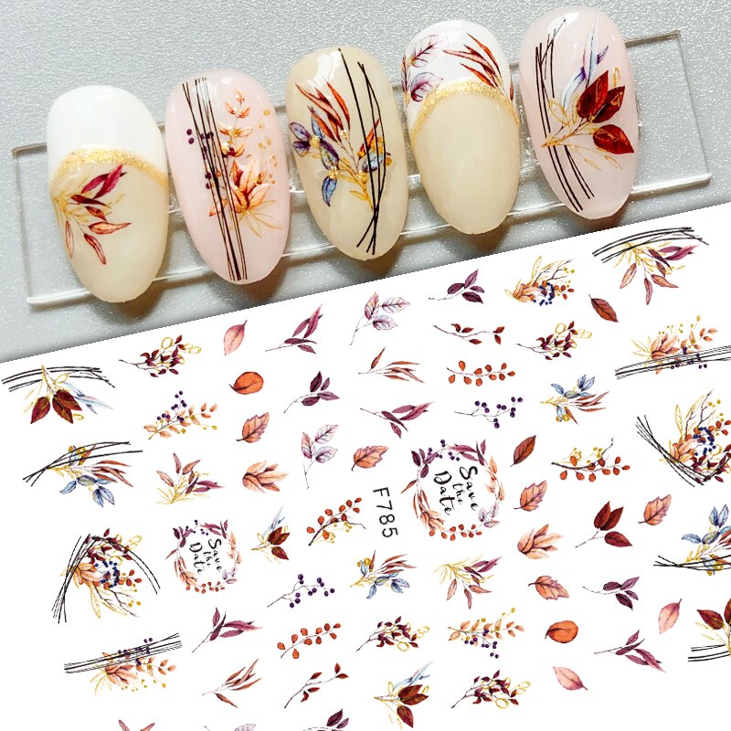 Hoobd1pcs Gold iridescent Maple Leaf 3D Nail Sticker Fall Autumn Pattern Adhesive Transfer Stickers Shiny DIY Nail Art Decoration