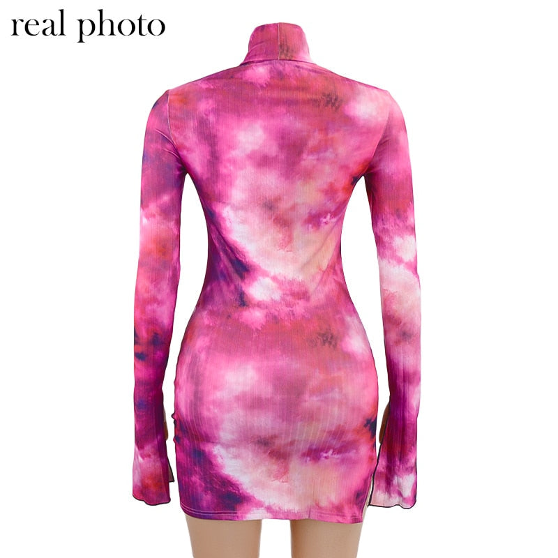 Hoobd Tie Dye Mock Neck Bodycon Dresses For Women Side Split Ribbed Long Sleeve Clubwear Midnight Outfit Party Mini Dress Hot