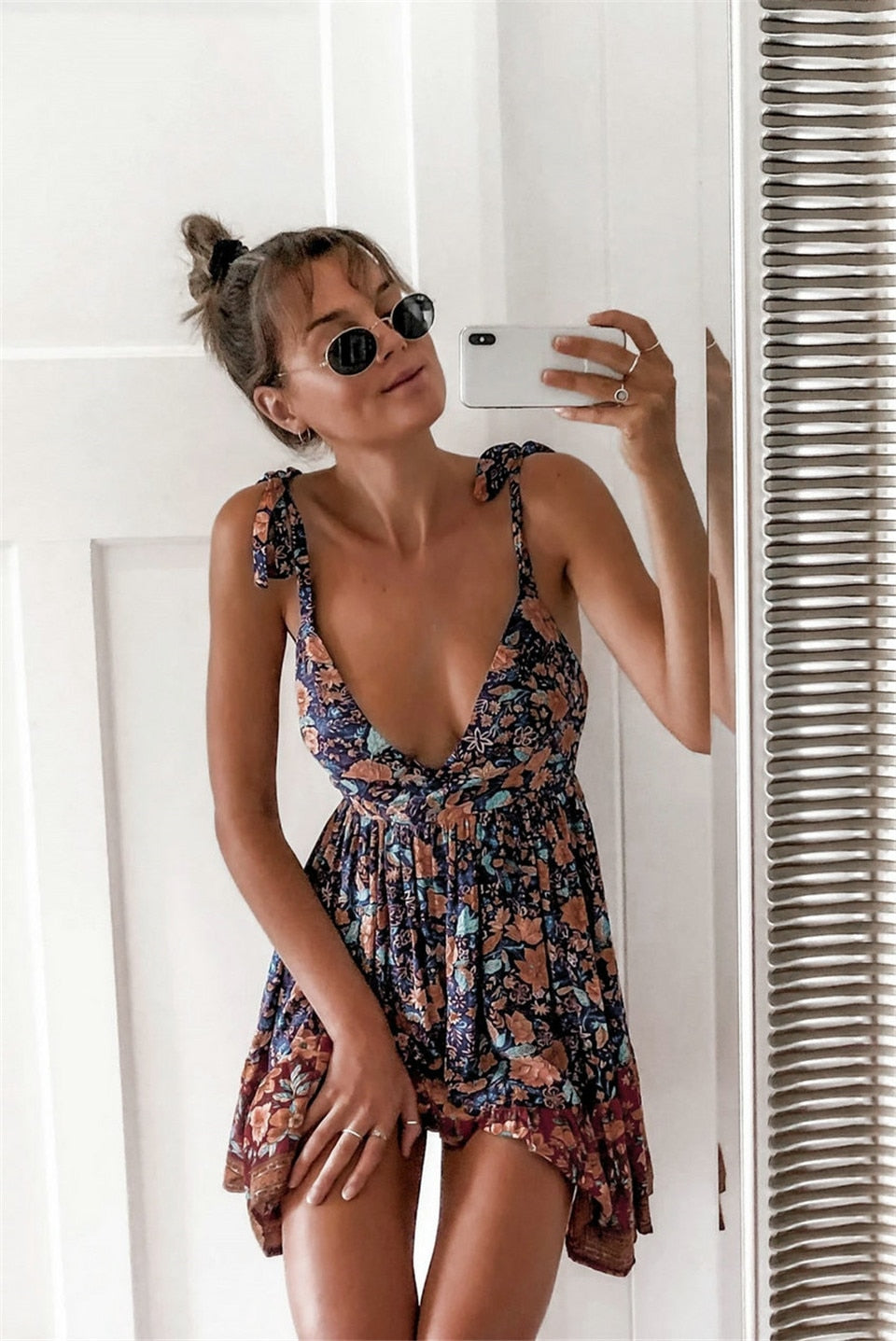 Hoobd Bohemian Style Women Summer A-Line Dress Bandage Design Sling Sleeveless V-Neck Backless Leopard Flower Print Slim Mini Dress