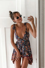 Hoobd Bohemian Style Women Summer A-Line Dress Bandage Design Sling Sleeveless V-Neck Backless Leopard Flower Print Slim Mini Dress