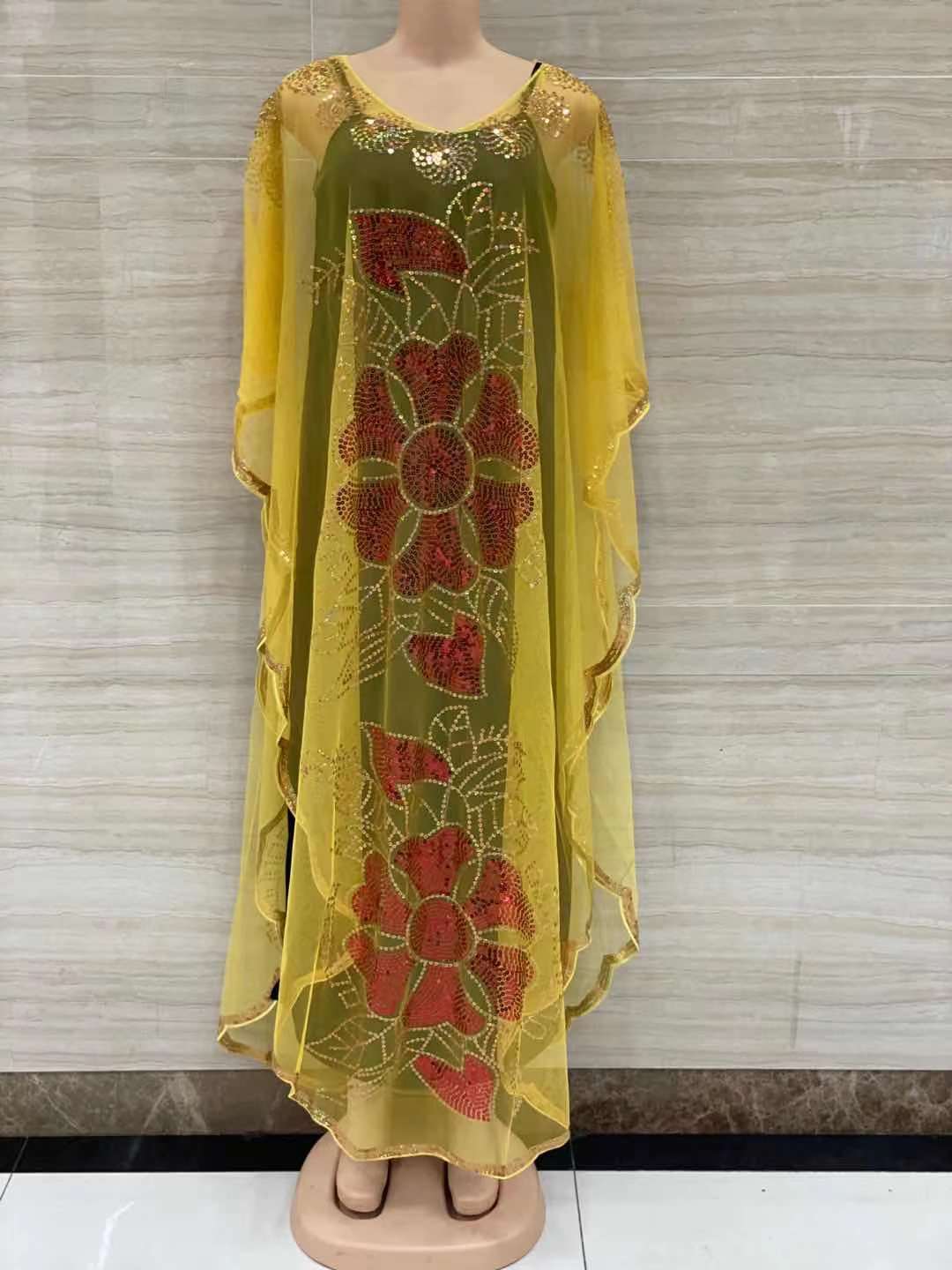 New Style African Women&#39;s Clothing Dashiki Abaya Fashion Gauze Fabric Sequins Bat Sleeve Loose Dress Free Size  Single Piece