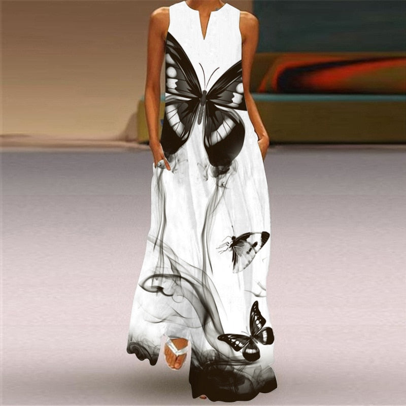 Ladies Spring Summer Long Dress Women Black Sleeveless V-neck Loose Party Dresses Casual Face Print Vintage Beach Dress