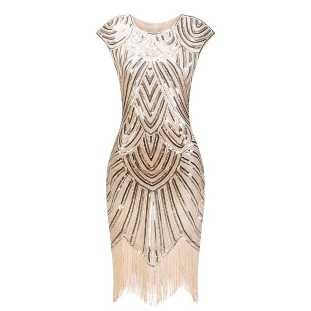 Flapper Great Gatsby Dress O-Neck Cap Sleeve Sequin Fringe Party Midi Dress