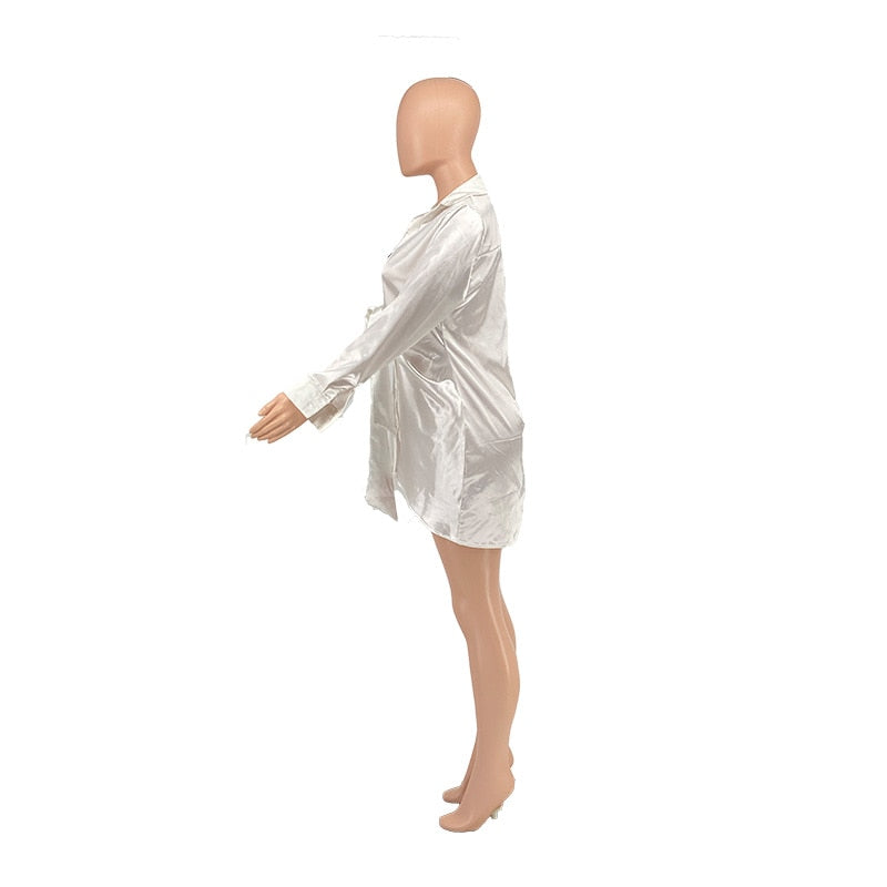 Hoobd Sexy Lace Up Satin Shirt Dress Women Long Sleeve Club Party Wear V Neck Turn Down Collar Mini Dresses Solid Bodycon Dress 2023