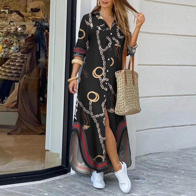Hoobd Fashion Women Long Sleeve Shirt Dress Autumn  Printed OL Long Dresses Laides Turn-down Collar Loose Sundress Party Dresses