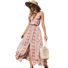 Hoobd Summer Retro Rayon Sling Dress Summer Waist Sleeveless Sexy Mid-length Pink Print Pullover Dresses