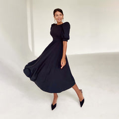 O Neck Backless Midi Party Dress Summer Elegant Puff Sleeve A line Solid Folds Night Club Dresses For Women 2024