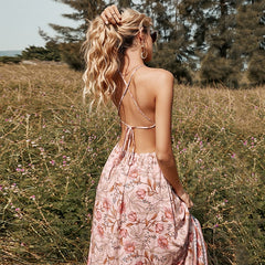 Hoobd Summer Retro Rayon Sling Dress Summer Waist Sleeveless Sexy Mid-length Pink Print Pullover Dresses
