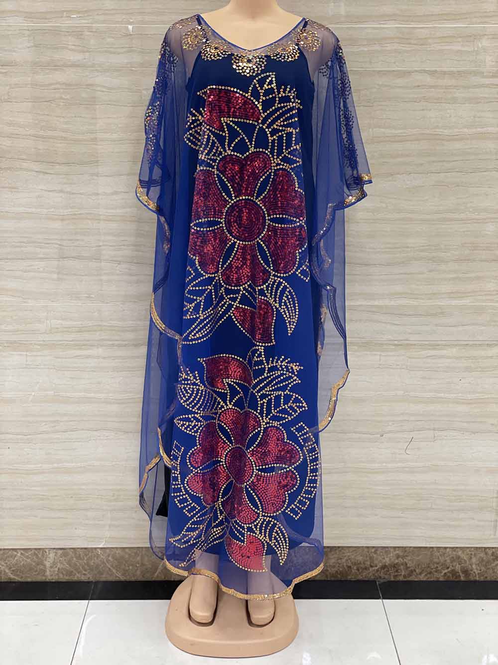 New Style African Women&#39;s Clothing Dashiki Abaya Fashion Gauze Fabric Sequins Bat Sleeve Loose Dress Free Size  Single Piece