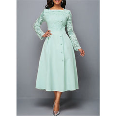 Women's Dress Elegant Long Sleeve Lace Stitching High Waist big hem mid-length Oversized Dresses For Women