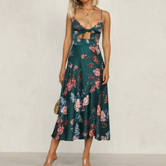 Hoobd Summer Women Fashion Sleeveless Floral Print Camisole Dress Sexy Spilt Back Hollow Out Slim Bandage Casual Beach Dresses