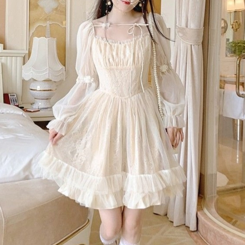 Hoobd Lolita Kawaii Dress Women Casual Long Sleeve Vintage Y2k Mini Dress Female Japanese Style One Piece Dress Korean Autumn