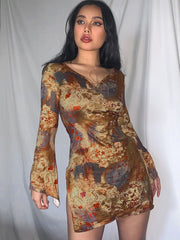 Summer Floral Print Flare Long Sleeve Mini Dress Casual Vintage Grunge Short Dress Ladies Split White Women Dress