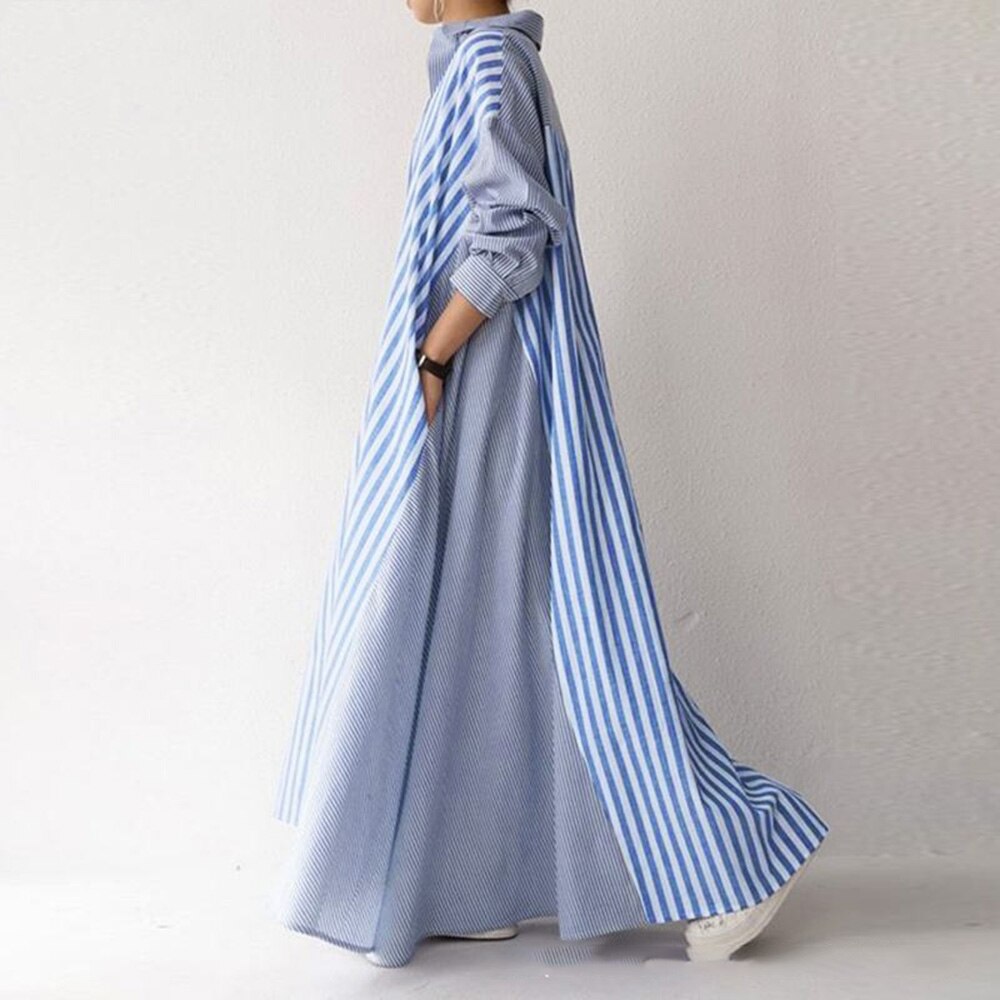 Autumn Casual Loose Maxi Dress Women Vintage Turn-down Collar Striped Shirt Boho Beach Wedding Long Office Vestidos