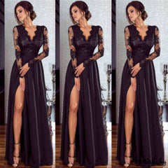 Women Evening Dress Lace Dresses Formal Long  Ball Prom Gown Evening Party Hollow Out Deep V-Neck Long Sleeve New Fashion
