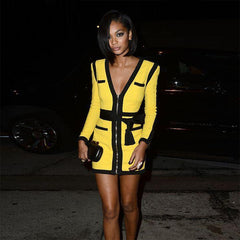 Front Zippers Sexy V Neck Women Bandage Dress Patchwork Bodycon Mini Dresses Celebrity Party Club Sexy Full Sleeve Vestidos