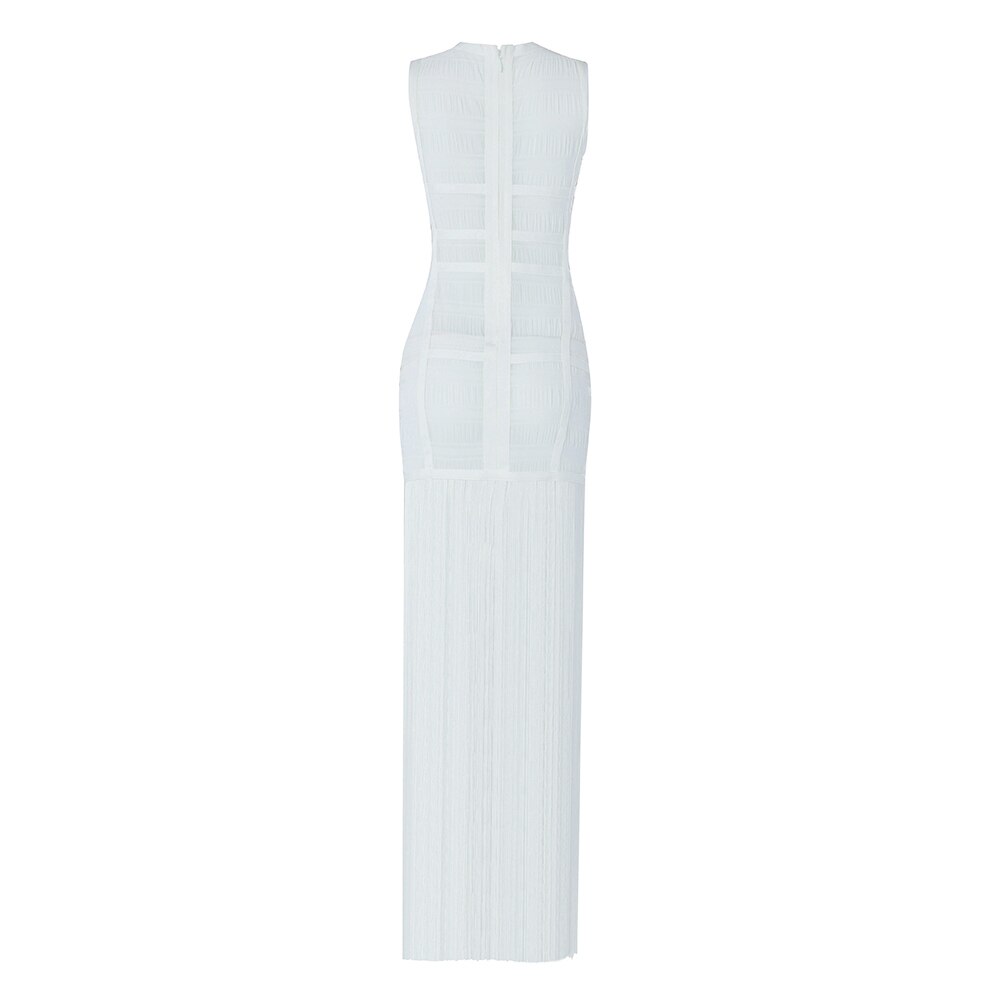 Hoobd High Quality White Sleeveless Tassel Hollow Out Bodycon Rayon Bandage Dress Evening Party Sexy Dress