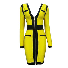 Front Zippers Sexy V Neck Women Bandage Dress Patchwork Bodycon Mini Dresses Celebrity Party Club Sexy Full Sleeve Vestidos