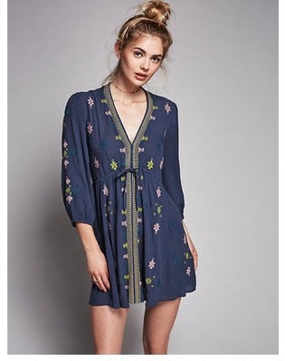 2023 New Sleeve with Belt Slim Mini Dresses Embroidery Pleated Short Dress V-neck Free Boho Style Dress Hippie People Vestidos