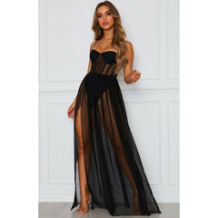 Hoobd Sexy Women Boho Retro See-through Bodycon Spaghetti Strap Long Dress Elastic High Waist Party Summer Beach Bodysuit Sundress