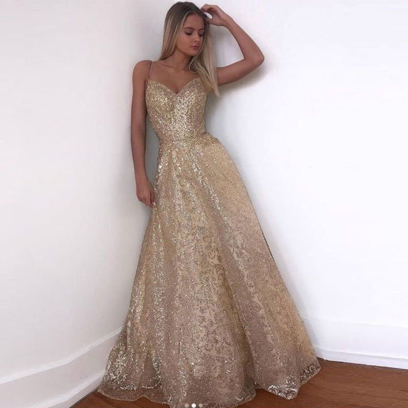 Hoobd Summer Dress Long Dresses for Wedding Party for Woman Robe Longue Femme Backless Gold Glitter Sequin Formal Dress Elegant