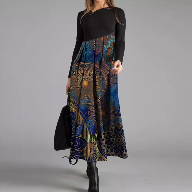 Hoobd Elegant Women Long Dress V-Neck A-Line Dress Spring Autumn Vintage Cotton Long Sleeves Party Dresses Lady Casual Loose Vestidos