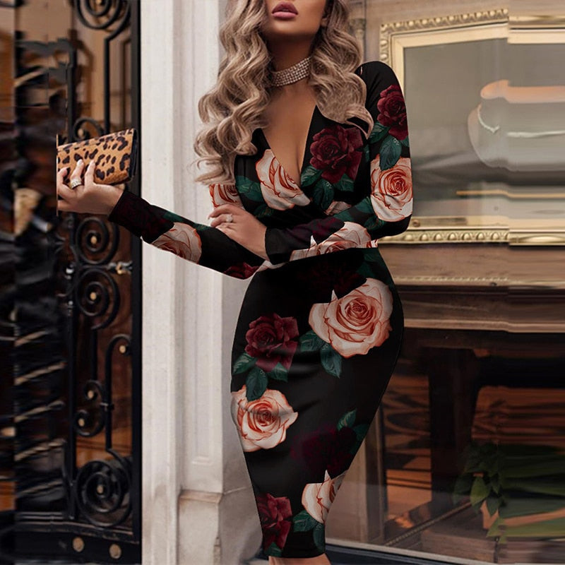 Hoobd Elegant Wrap V Neck Skinny Club Party Dress Women Sexy Sequin Print Shiny Office Dress Spring Autumn Long Sleeve Bodycon Dresses