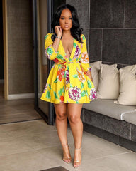 Hoobd Women Long Sleeve Floral Flower Print Mini Dress Elegant Vintage V-neck Autumn Fall Dresses Party Club Vestidos