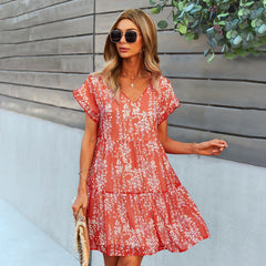 Floral Print Ruffles Summer Dress Elegant V-neck Butterfly Sleeve Mini Dresses For Women Holiday Party Dress Vestidos