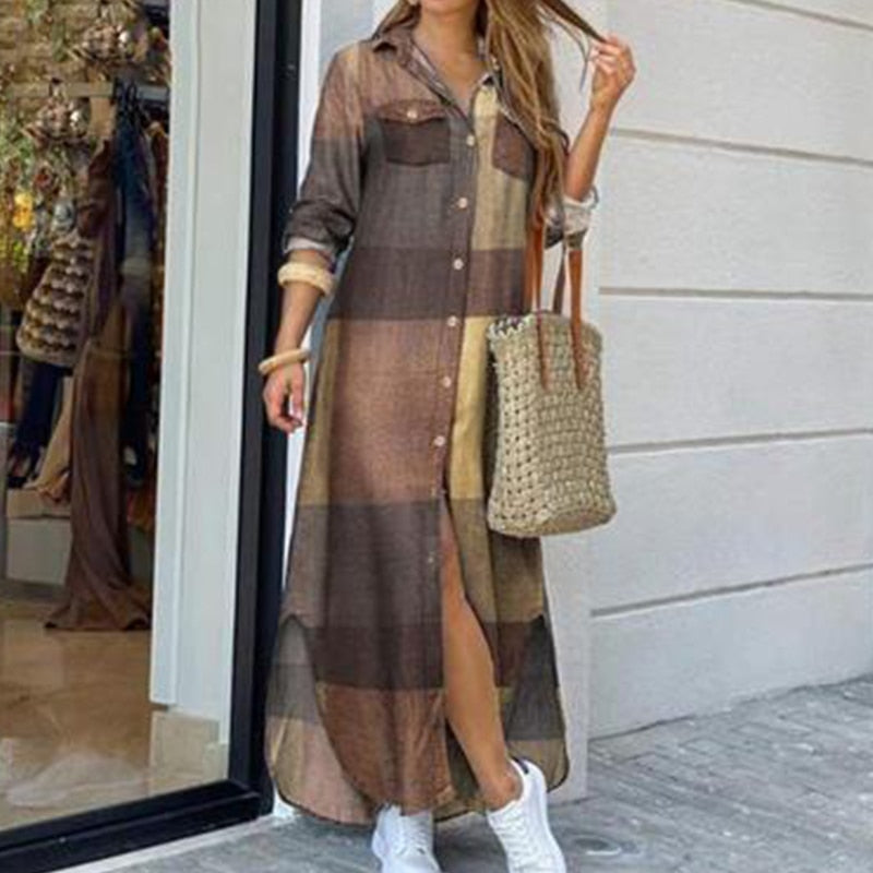 Hoobd Fashion Women Long Sleeve Shirt Dress Autumn  Printed OL Long Dresses Laides Turn-down Collar Loose Sundress Party Dresses
