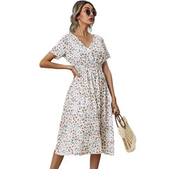 Hoobd graduation outfit ideas 90s latina aesthetic freaknik fashion baseball game tomboy style swaggy going out classic edgy brunch cute White Floral Printing Summer Chiffon Beach Dress  Casual V-neck Short Sleeve A-line Women Midi Dresses Vestidos