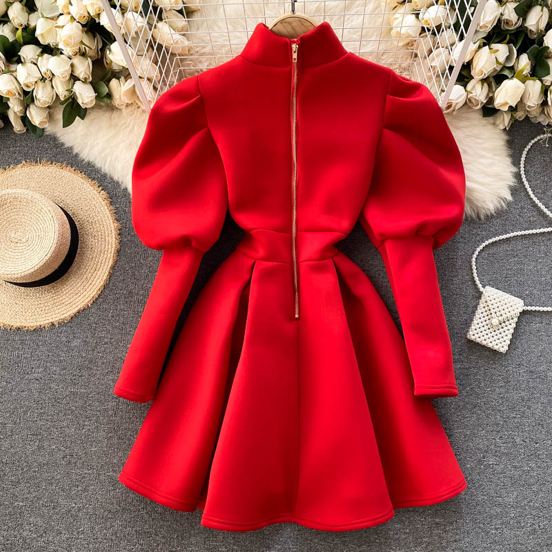 Autumn Winter Puff Long Sleeve Dresses For Women Party Christmas Turtleneck Slim A-Line Elegant New Year Woman Red Dress