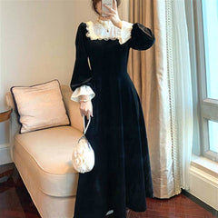 French Retro Black Midi Dress Women Elegant One Piece Dress Korean Autumn SLim Lace Evening Party Velvet Dress Female Cute