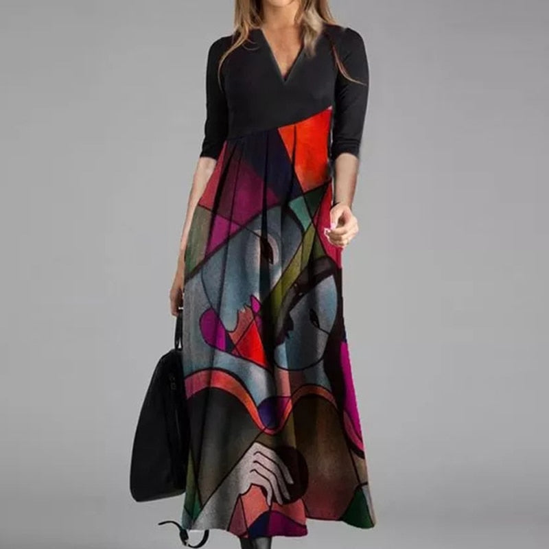 Hoobd Elegant Women Long Dress V-Neck A-Line Dress Spring Autumn Vintage Cotton Long Sleeves Party Dresses Lady Casual Loose Vestidos