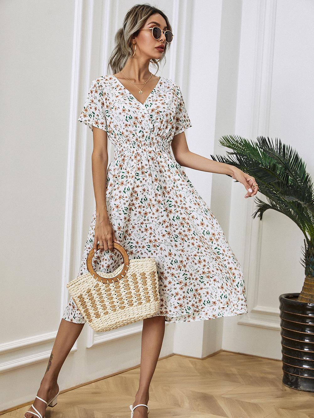 Hoobd graduation outfit ideas 90s latina aesthetic freaknik fashion baseball game tomboy style swaggy going out classic edgy brunch cute White Floral Printing Summer Chiffon Beach Dress  Casual V-neck Short Sleeve A-line Women Midi Dresses Vestidos