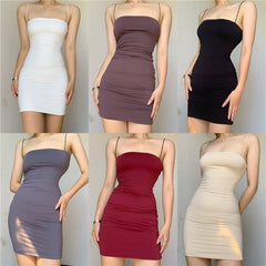 2023 Summer Sexy Tight-Fitting Suspender Dress Female Solid Color Basic Stretch Bag Hip Short Dress White Mini Dress  S774