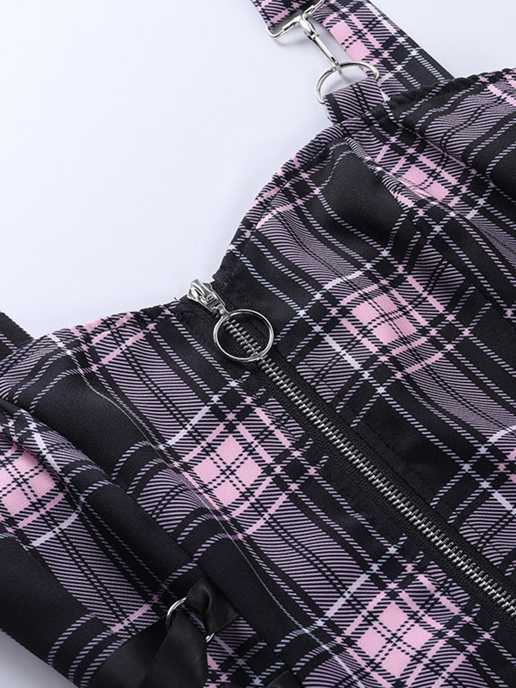 Hoobd Gothic Plaid Bandage Black Blue Dress Women Vintage Sleeveless Zipper Sexy Mini Dress Punk Aesthetic Summer A Line Dress