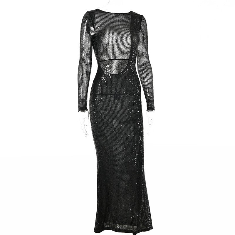 Backless Black Maxi Dress Women Sexy High Waist Elegant Fashion Streetwear Casual Slim Round Collar Sequins Female Dress