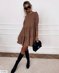 New Spring Autumn Dress Women Elegant O-Neck Long Sleeves Multi-layer Ruffles Hem Solid Party Dresses Casual Slim Vestidos