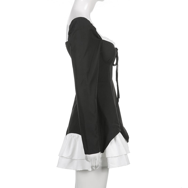 Hoobd Patchwork Slim Ball Gown A-Line Dress Vintage Quare Collar Long Sleeve Mini Dresses For Women Elegant Fashion Lady