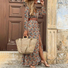 Hoobd Autumn Dress 2023 Women New Fashionable Bohemian V-neck Floral Print Long Dress Female Short Sleeve Sexy High Split Maxi Dresses