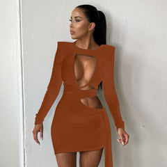 Hoobd Fall Party Dresses For Women Black Sexy Hollow Out Bodycon Dresses Women Autumn Bandage Long Sleeve Elegant Party Evening Wrap Mini Dress Club Outfits